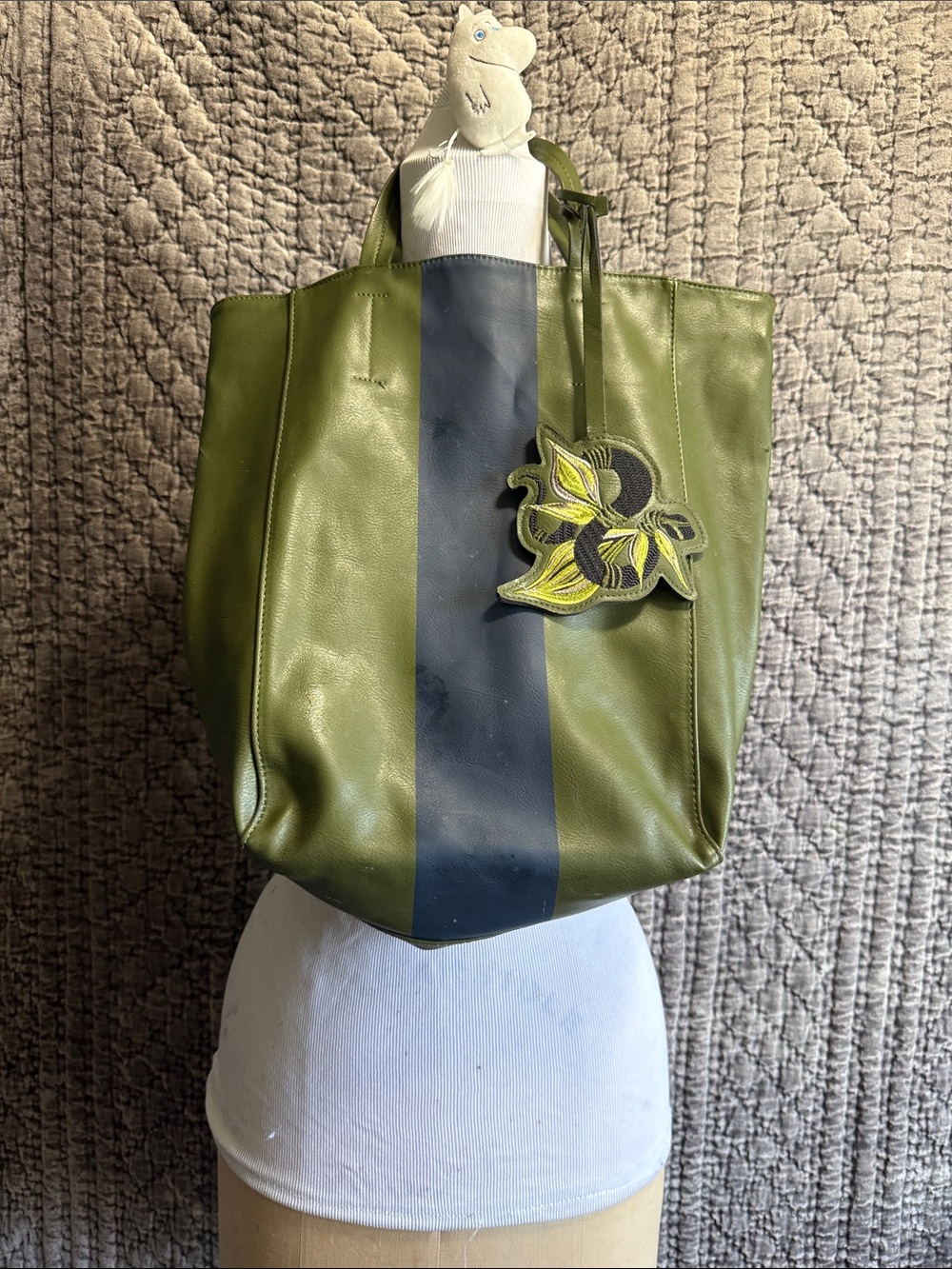 Olive Green Leather-not real Tote with Navy Stripe and Leaf Charm